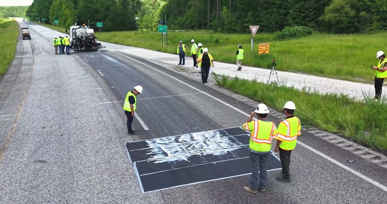 Crew in high-visibility vests examining a marked test section on a paved test track, a distributor parked beyond